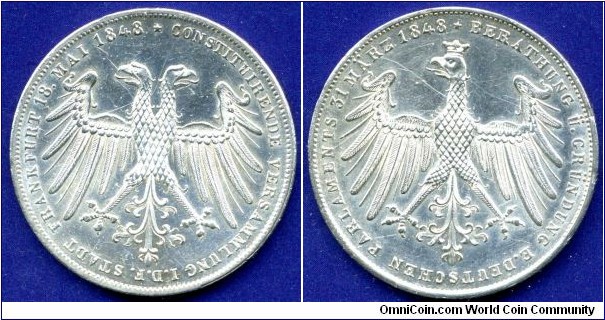 2 Gulden (Doppelgulden).
Free City Frankfurt.
Constitutional Convention, 31 mart - 18 may 1848.
Edge lettering: **ZWEI**GULDEN**.
Mintage 8,600 units.


Ag900f. 21,21gr.