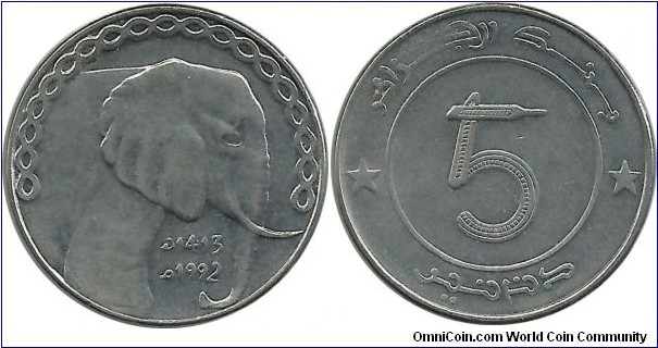 Algeria 5 Dinar 1992-African elephant