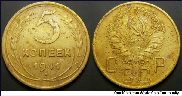 Russia 1941 5 kopek. Corroded but a rather tough year. 
