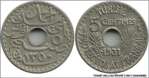 Tunisia 5 Centimes 1350-1931