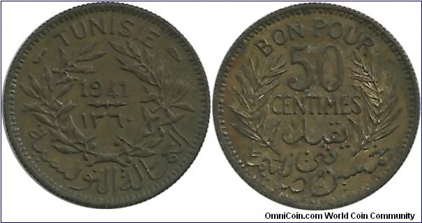 Tunisia 50 Centimes 1360-1941