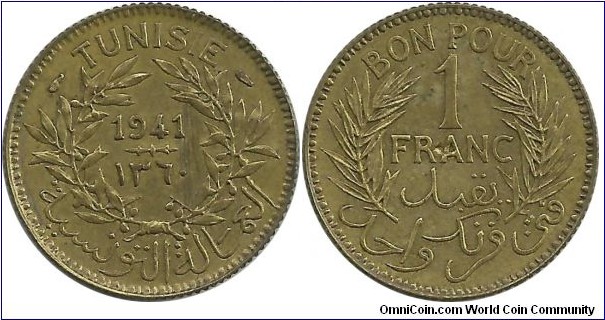 Tunisia 1 Franc AH1360-1941