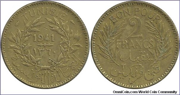 Tunisia 2 Francs AH1360-1941