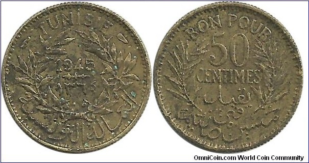 Tunisia 50 Centimes AH1364-1945