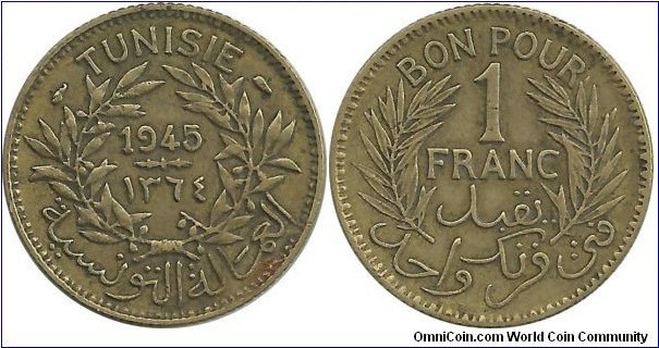 Tunisia 1 Franc AH1364-1945