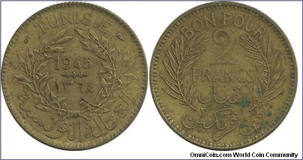 Tunisia 2 Francs AH1364-1945