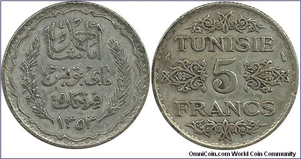 Tunisia 5 Francs AH1353(1934)