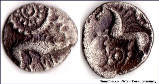 silver unit of the Corieltauvi, a celtic tribe inhabiting the Lincolshire region of England pre Roman invasion. Boar obverse with daisy within a beaded circle above. Horse reverse with bead within beaded circle below.