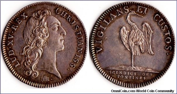 very scarce silver jeton issued for the `Scindic des Tontines', a syndicate which provided life assurance during the reign of Louis XV. One of France's (and the world's) first bona fide insurance service provider. 
