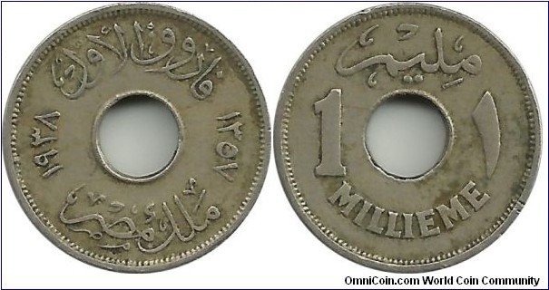 Egypt 1 Millieme 1357-1938-CuNi
