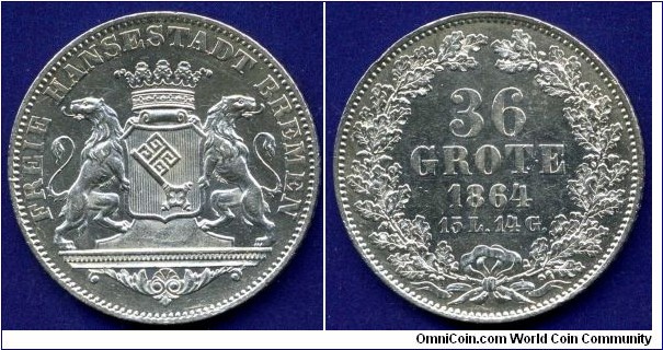 36 grote (1/2 Thaler).
Freie Stadt Bremen.
Mintage 100,000 units.


Ag986f. 8,77gr.