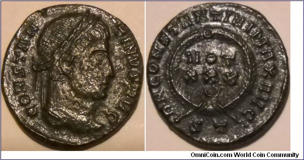 Constantine I, VOT XXX Crescent ST Ticinium Constantine I CONSTAN-TINVS AVG L
DN CONSTANTINI MAX AVG VOT XXX crescent
ST Ticinum RIC VII Ticinum