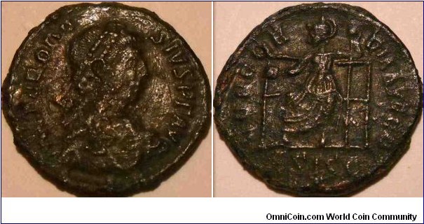 Theodosius I AE3. 379-383 AD. DN THEODO-SIVS PF AVG, pearl diademed, draped, cuirassed bust right / CONCOR-DIA AVGGG, Roma, helmeted, seated facing with head left, holding globe & reversed spear, left leg bare, *ASISC· in ex. Siscia RIC 27d