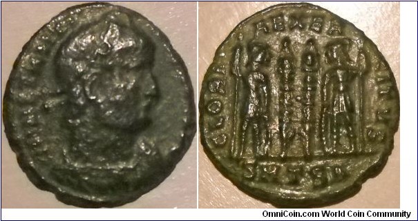 Constantine I as Augustus 307-337 AD, GLORIA EXERCITVS.  Obverse: CONSTANTI-NVS MAX AVG; rose-diademed, draped and cuirassed bust right. Reverse: GLORI-A EXER-CITVS; two soldiers flanking two standards, SMTSA in exe. Attribution: RIC VII Thessalonica 198, r2 (scarce)