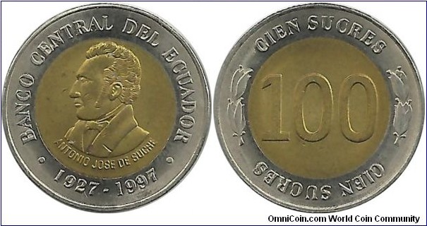 Ecuador 100 Sucres 1997 - 70th Year of Central Bank