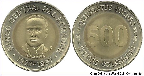 Ecuador 500 Sucres 1997 - 70th Year of Central Bank