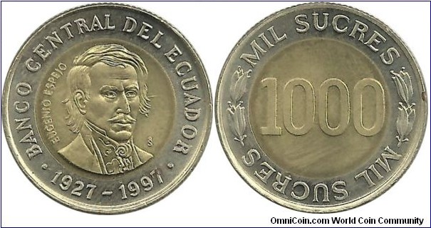 Ecuador 1000 Sucres 1997 - 70th Year of Central Bank