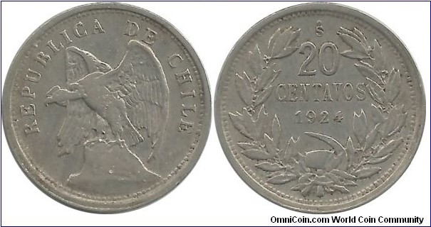 Chile 20 Centavos 1924 (w-o O'ROTY)