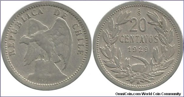 Chile 20 Centavos 1929 (w O'ROTY)