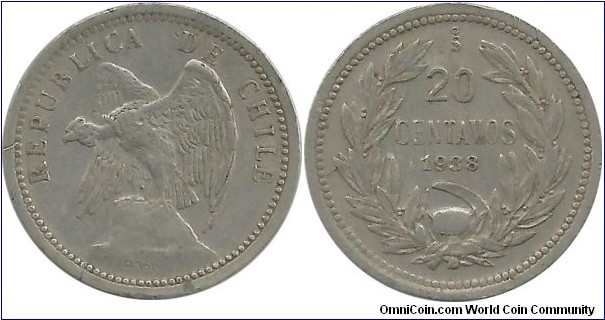 Chile 20 Centavos 1938 (w O'ROTY)