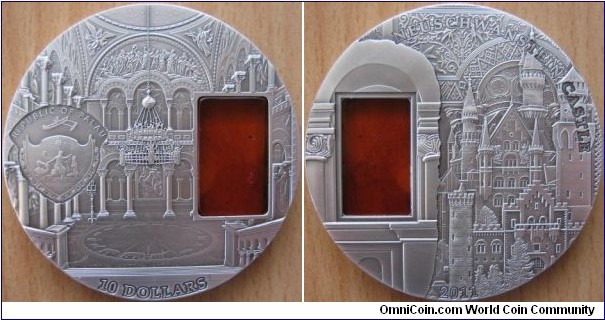 10 Dollars - Neuschwanstein castle - 62.2 g Ag .999 oxidized (with piece of amber) - mintage 999 pcs 
