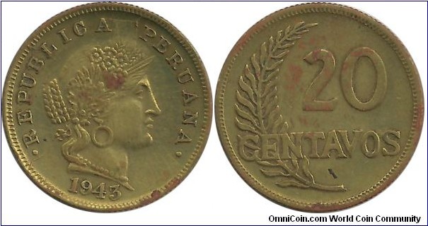 Peru 20 Centavos 1943