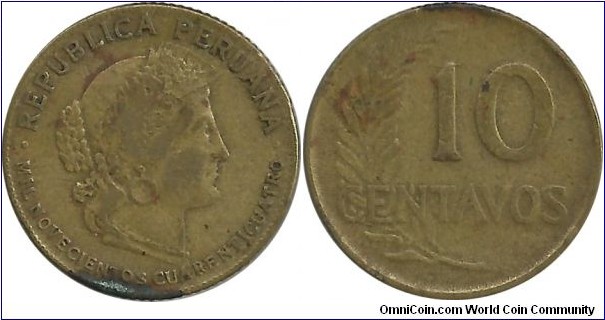 Peru 10 Centavos 1944-words
