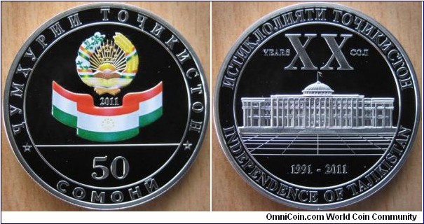 50 Somoni - 20 years of Independence - 28.28 g Ag .925 Proof - mintage 3,000 (hard to find !)