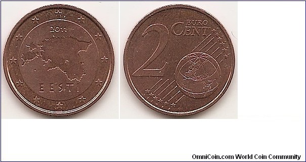2 Euro cent
KM#62
3.0600 g., Copper Plated Steel, 18.75 mm. Obv: Map of Estonia Rev: Denomination and globe Edge: Grooved