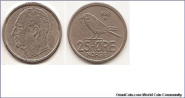 25 Ore
KM#407
2.4000 g., Copper-Nickel, 17 mm. Ruler: Olav V Obv: Head left Rev: Siberian tit above value Rev. Designer: Per Palle Storm Edge: Reeded