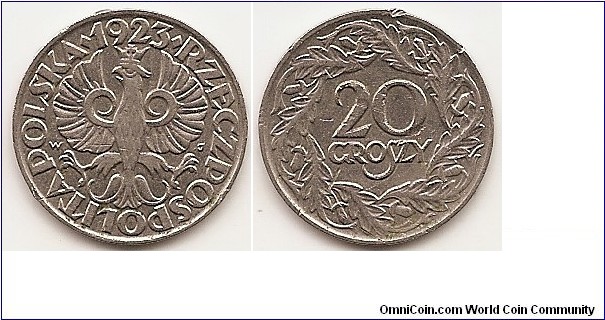20 Groszy
Y#12
3.0000 g., Nickel, 20 mm. Obv: Crowned eagle with wings open Rev: Value within wreath