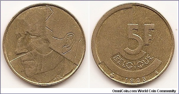 5 Francs
KM#163
5.5000 g., Brass Or Aluminum-Bronze, 24 mm. Obv: Face, left, on divided coin Rev: Stylized denomination, date at bottom, legend in French Rev. Legend: BELGIQUE