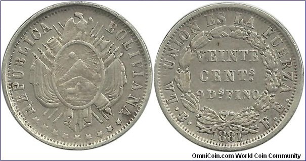 Bolivia 20 Centavos 1881