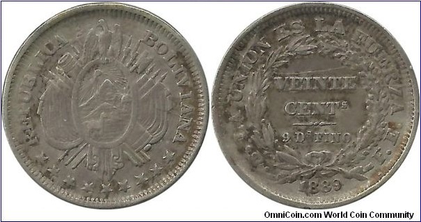 Bolivia 20 Centavos 1889