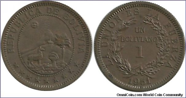 Bolivia 1 Boliviano 1951