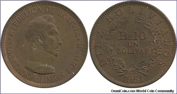 Bolivia 10 Bolivianos 1951