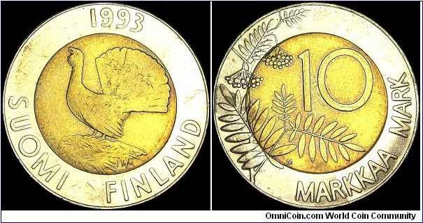 Finland - 10 Markkaa - 1993 - Weight 8,8 gr - Bi-metallic Brass center in Copper-nickel ring - Size 27,25mm - Thickness 2,0 mm - Alignment Medal (0°) - Obverse / Capercaillie bird - Edge : Plain - Mintage 30 002 000 - Reference KM# 77 (1993-2001)