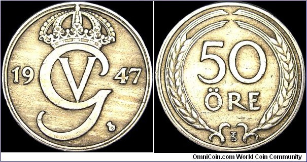 Sweden - 50 Öre - 1947 - Weight 4,8 gr - Nickel-Bronze - Size 22 mm - Thickness 1,7 mm - Alignment Medal (0°) - Ruler / Gustaf V (1907-50) - Engraver / Léo Holmgren - Edge : Reeded - Mintage 1 031 800 - Reference KM# 796 (1920-47)