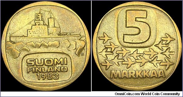 Finland - 5 Markkaa - 1983 - Weight 8,0 gr - Aluminium-Bronze - Size 26 mm - Alignment Medal (0°) - President / Mauno Koivisto (1982-94) - Obverse / Icebreaker Uhro - Edge Lettering : REPUBLIKEN FINLAND *SUOMEN TASAVALTA* - Mintage 8 776 000 - Reference KM# 57 (1979-93)
