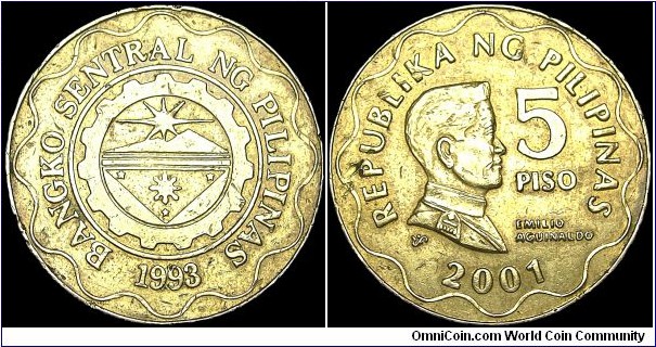 Philippines - 5 Piso - 2001 - Weight 7,7 gr - Nickel-Brass - Size 27 mm - Thickness 1,87 mm - Alignment Medal (0°) - President / Gloria Macapagal-Arroyo (2001-2010) - Reverse / Head of Jose Rizal - Edge : Smooth - Mintage 35 730 000 - Reference KM# 272 (1995-2010)