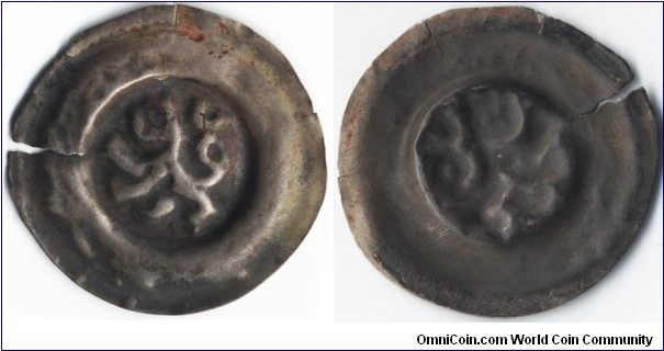 Bohemia
Přemysl Otakar II. 
(1253 - 1278)
silver Bracteat, 
The first bohemian coin with the double tailed lion. 