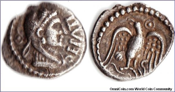 Catuvellauni Tribe silver unit under Epaticcus, brother of Cunobelinus, King of the Catuvellauni (Bedfordshire, Herefordshire, Cambridgeshire area of England.