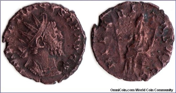 AE Antoninianus of Tetricus I, minted at Cologne. Obverse radiate bust of Tetricus. Reverse, Hilaritas with long branch and cornucopia.