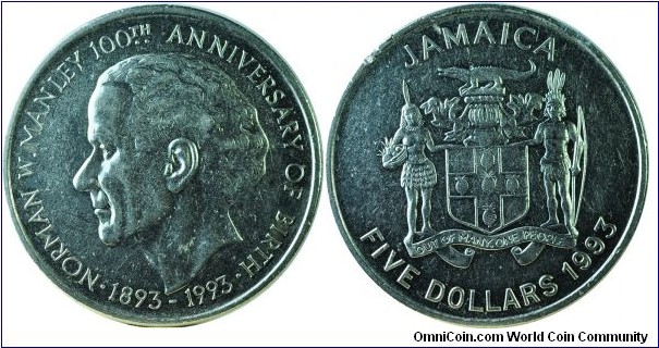 Jamaica5Dollars-100yrsManley-km157-1993