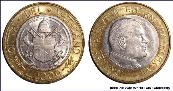 VATICAN CITY~1,000 Lira 1997. Under Pope: John Paul II