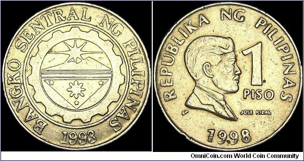 Philippines - 1 Piso - 1998 - Weight 6,1 gr - Copper-nickel - Thickness 1,75 mm - Alignment Medal (0°) - President / Joseph Estrada (1998-2001) - Reverse / Head of Jose Rizal - Edge : Milled - Reference KM# 269 (1965-2004) 