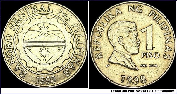 Philippines - 1 Piso - 1998 - Weight 6,1 gr - Copper-nickel - Thickness 1,75 mm - Alignment Medal (0°) - President / Joseph Estrada (1998-2001) - Reverse / Head of Jose Rizal - Edge : Milled - Reference KM# 269 (1965-2004) 