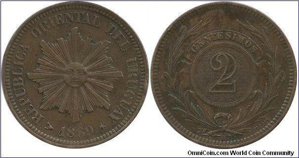 Uruguay 2 Centesimos 1869H