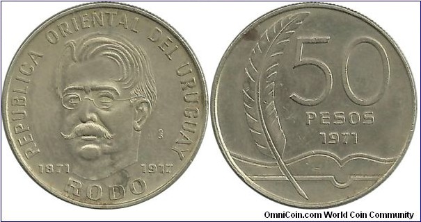 Uruguay 50 Pesos 1971 - José Enrique Rodó Piñeyro (1871 – 1917) Uruguayan essayist