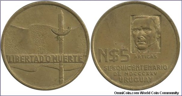 Uruguay 5 NPesos ND(1975) - 150th Anniversary of Revolutionary Movement